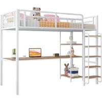 Xdovet Metall-Hochbett, 90*200 cm, Sicherheitsleiter mit Treppenstufen, Einzelbett, Kinderbett mit Tisch und Regalen, Metallgitter-Sicherheitszaun, weiss