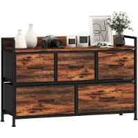 HOMCOM Kommode mit 5 Schubladen aus Stoff Kommodenschrank mit Stahlgestell Braun