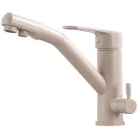 OEM Drei-Wege-Küchenwasserhahn mit flexiblem Auslauf, 360-Grad-Drehkran, Gourmet-Wasserkran mit drei Ausläufen, Wasserfilter und G3/8-Zoll-Anschluss in Beige.