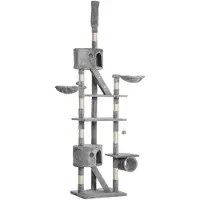 SUGIFT Kratzbaum deckenhoch 240-260 cm Plüschbälle Katzenhöhle Hängematte Sisalstämme Plattformen Kratztunnel Kletterleitern E1-Spanplatten bis 10 kg Hellgrau 60 x 45 cm