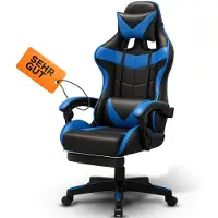 Retoo Gaming Stuhl Bürostuhl Schreibtischstuhl mit Fußstütze, Verstellbare Rückenlehne Kopfkissen Lendenkissen, Kunstleder, Drehstuhl, Computerstuhl,