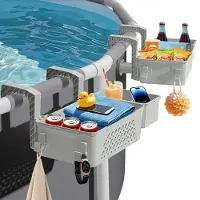 Welikera Pool Organizer Aufstellpool Aufbewahrungskorb mit Getränkehalter Haken Kunststoff bis 22,7kg einhängbar Zubehör Halter für Garten Poolrand