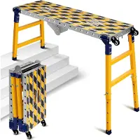 Markenlos 2 in 1 Stabil Arbeitsplattform + Mobiler Schweißtisch mit Antirutsch Klebestreifen, 60-90cm Höhenverstellbar Klappbare Arbeitsbühne Laufbühne Aluminium Gerüst Werkbank Verzinkte, 500 kg Belastbarkeit