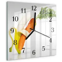Drukarnia Piga Tulup Glasuhr Wanduhr Küchenuhr Echt-Glas 30x30 cm Modern Dekorativ Geräuschlos Schwarzen Zeigern - Karotten und Bananen
