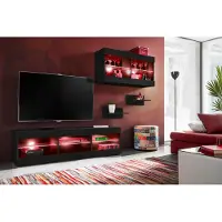 Extreme Furniture Wohnwand, Tivoli SET3, Schwarz/Schwarz, Breite 240cm x Höhe 159cm x Tiefe 35cm, LED RGB, für das Wohnzimmer, Schlafzimmer