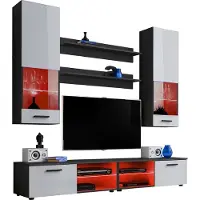 Extreme Furniture Komodee | Wohnwand Wohnzimmerset RTV Varallo, Korpus Schwarz Matt Frontfarbe Weiß Hochglanz, LED RGB