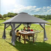 GIANTEX Pavillon 4 x 4m, Wasserdichter & Sonnengeschützter Gartenpavillon, Höhenverstellbares Doppeldach-Gartenzelt mit Abnehmbarem Netzbezug, für Grillfeste, Hochzeiten, Camping(Grau)