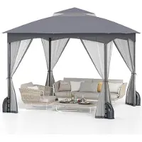 GIANTEX 3 × 3 m Pavillon, Grillpavillon mit Moskitonetz, wasserabweisender Pavillon mit Doppeldach, Metallrahmen, 8 Bodenpfählen, 4 Sandsäcken