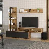 Extreme Furniture Wohnwand MOLDE - Regal im Set - Eiche Wotan - Schwarz - Breite 251 cm, Höhe 174 cm, Tiefe 37 cm