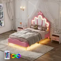 Aiorber Kinderbett, Polsterbetten, 90x200cm,Kronenform,Wolkendesign,Prinzessinnenbett, Unterbett mit farbwechselnder LED-Leiste, verstellbare Betthöhe