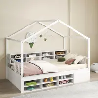 GIANTEX Kinderbett 90x200cm mit Barriere & 14 Aufbewahrungswürfel, Bodenbett aus Holz, Montessori-Bett bis 200 kg belastbar