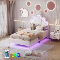 Aiorber Kinderbett, Polsterbetten, 90x200cm,Kronenform,Wolkendesign,Prinzessinnenbett, Unterbett mit farbwechselnder LED-Leiste, verstellbare Betthöhe