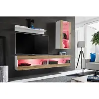 Extreme Furniture Wohnwand, Tivoli SET5, Weiß/Wotan, Breite 200cm x Höhe 195cm x Tiefe 35cm, LED RGB, für das Wohnzimmer, Schlafzimmer