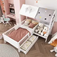 Aiorber Kinderbett, Hausbett aus Holz, Einzelbett 90 x 200 cm,mit Stauraum-Schubladen, Zeltstoff & Kissen, multifunktionales Design, Pflegeleicht,Weiß