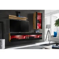 Extreme Furniture Wohnwand, Tivoli SET5, Wotan/Schwarz, Breite 200cm x Höhe 195cm x Tiefe 35cm, LED RGB, für das Wohnzimmer, Schlafzimmer