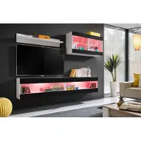 Extreme Furniture Wohnwand, Tivoli SET6, Weiß/Schwarz, Breite 200cm x Höhe 195cm x Tiefe 35cm, LED RGB, für das Wohnzimmer, Schlafzimmer