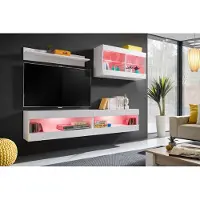 Extreme Furniture Wohnwand, Tivoli SET6, Weiß/Weiß, Breite 200cm x Höhe 195cm x Tiefe 35cm, LED RGB, für Wohnzimmer, Schlafzimmer