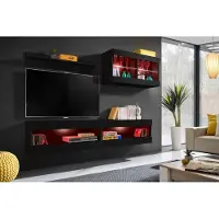Extreme Furniture Wohnwand, Tivoli SET6, Schwarz/Schwarz, Breite 200cm x Höhe 195cm x Tiefe 35cm, LED RGB, für Wohnzimmer, Schlafzimmer