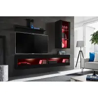 Extreme Furniture Wohnwand, Tivoli SET5, Schwarz/Schwarz, Breite 200cm x Höhe 195cm x Tiefe 35cm, LED RGB, für das Wohnzimmer, Schlafzimmer