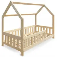 FURNIFY Peter Pan - Massivholz Kinderbett Hausbett mit Rausfallschutz | 80x160 cm | Natur