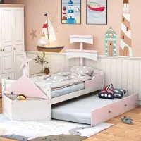 Aiorber Kinderbett, 90 x 200 cm, Segelbootform mit ausziehbarem Bett, hochwertiges Kiefernholz mit Ablagefächern, stabil und langlebig, Rosa
