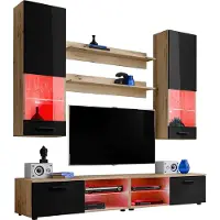 Extreme Furniture Komodee | Wohnwand Wohnzimmerset RTV Varallo, Korpus Wotan Matt Frontfarbe Schwarz Hochglanz, LED RGB