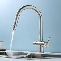OEM Drehschalter mit 3 Funktionen | Silberfarbene, ausziehbare Armatur | RVS Küchenarmatur | 360-Grad-Dreharmatur | 3-Anschluss-Hochboogfilter