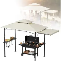 CEEDIR Grillpavillon 244 x 153 x 250 cm, mit Seitenmarkise, Doppeldach, Seitenregalen, Metallkorb, Haken und Flaschenöffner, wetterfester Grillunterstand für Garten, Beige