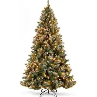 GIANTEX Weihnachtsbaum Künstlich 200 cm mit Beleuchtung, 8 Transformationsmodi, Christbaum mit 69 Tannenzapfen & 207 roten Beeren, Tannenbaum mit 909 Spitzen, Schnellaufbau Klappsystem