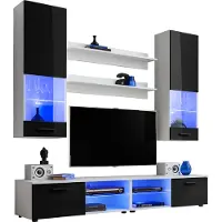 Extreme Furniture Komodee | Wohnwand Wohnzimmerset RTV Varallo, Korpus Weiß Matt Frontfarbe Schwarz Hochglanz