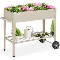 GIANTEX Hochbeet mit Raedern Regal, Erhoehtes Gartenbeet mit Haken Griff, Gemüsebeet Metall, Mobiler Pflanzkasten mit Abfluss, Fahrbares Kraeuterbeet für Balkon Garten Terrasse, 108 × 51 × 80 cm