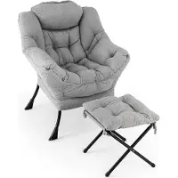 GIANTEX Relaxsessel mit Hocker, moderner Akzentstuhl mit klappbarer Fußstütze, Kopfkissen, Seitentasche, gepolsterter Sessel & Fußstütze, Grau