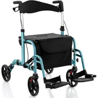 GIANTEX Rollator Faltbar Leichtgewicht, 2 in 1 Rollstuhl Reiserollator, Gehwagen 6-fach Hoehenverstellbar, Laufhilfe mit 2 Bremsen Stockhalter Tasche, Aluminiumlegierung bis 136 kg (Blau)
