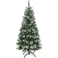 GIANTEX 180cm Künstlicher Weihnachtsbaum mit Eisen-Rahmen, Schneeflocken und roten Früchten, Weihnachtsfeier, für Familientreffen, Weihnachtsfeiern, Dekoration