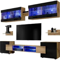 Extreme Furniture Komodee | Wohnwand, Wohnzimmerset RTV Foggia, Korpus Wotan Matt Frontfarbe Schwarz Hochglanz