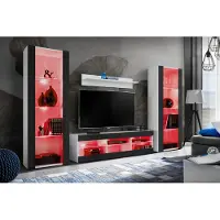 Extreme Furniture Komodee | Wohnwand Wohnzimmerset Tivoli Grande, Korpus Weiß Matt Frontfarbe Schwarz Matt, LED RGB