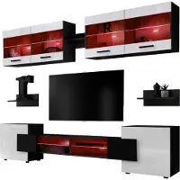 Extreme Furniture Komodee | Wohnwand, Wohnzimmerset RTV Foggia, Korpus Schwarz Matt Frontfarbe Weiß Hochglanz, LED RGB