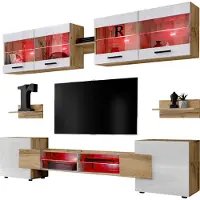 Extreme Furniture Komodee | Wohnwand, Wohnzimmerset RTV Foggia, Korpus Wotan Matt Frontfarbe Weiß Hochglanz, LED RGB