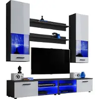 Extreme Furniture Komodee | Wohnwand Wohnzimmerset RTV Varallo, Korpus Schwarz Matt Frontfarbe Weiß Hochglanz