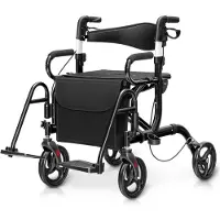 GIANTEX 2-in-1 Klappbarer Rollator, Transportrollstuhl mit Sitz, Umkehrbarer Rückenlehne, Einkaufstasche, Schirmhalter, Aluminium 4-Rad-Gehhilfe, Schwarz