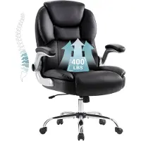 IWMH Chefsessel Ergonomisch Bürostuhl mit Klappbarer Armlehnen, höhenverstellbar Schreibtischstuhl mit Lendenstützte, Kunstleder Chefsessel - Schwarz