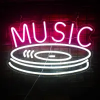Kopper-24 NEON LED Licht, dekorative Wand-Leuchte, MUSIC Plattenspieler, pink weiß, ca. 26 x 40 x 2 cm