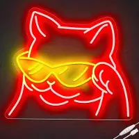 Kopper-24 NEON LED Licht, dekorative Wand-Leuchte, Katze mit Sonnenbrille, rot gelb, ca. 35 x 32 x 2 cm