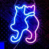 Kopper-24 NEON LED Licht, dekorative Wand-Leuchte, Katzen umarmend, blau pink, ca. 35 x 28 x 2 cm