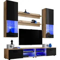 Extreme Furniture Komodee | Wohnwand Wohnzimmerset RTV Varallo, Korpus Wotan Matt Frontfarbe Schwarz Hochglanz