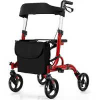 GIANTEX Rollator faltbar bis 150 kg, Gehhilfe 6-Fach höhenverstellbar, Rollstuhl laufhilfe mit Stockhalter & Tasche, Aluminium (Rot)