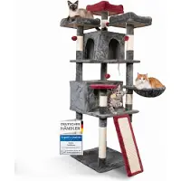 Xonic Foxdevil by Stabiler Kratzbaum für Katzen [165 cm] - Großer Katzenkratzbaum mit 3 Aussichtsplattformen, Liegemulde, 2 Kuschelhöhlen, 3 Spielbällen & Kratzbrett-Treppe ? ([V2 Grau/Rot])