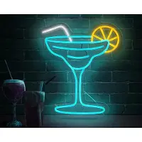 Kopper-24 NEON LED Licht, dekorative Wand-Leuchte, Cocktail Glas mit Zitrone, blau gelb, ca. 38 x 33,3 cm