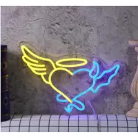 Kopper-24 NEON LED Licht, dekorative Wand-Leuchte, Herz mit Flügel, Engel Teufel, blau gelb, ca. 35 x 27 x 2 cm