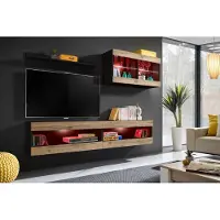 Extreme Furniture Wohnwand, Tivoli SET6, Schwarz/Wotan, Breite 200cm x Höhe 195cm x Tiefe 35cm, LED RGB, für das Wohnzimmer, Schlafzimmer